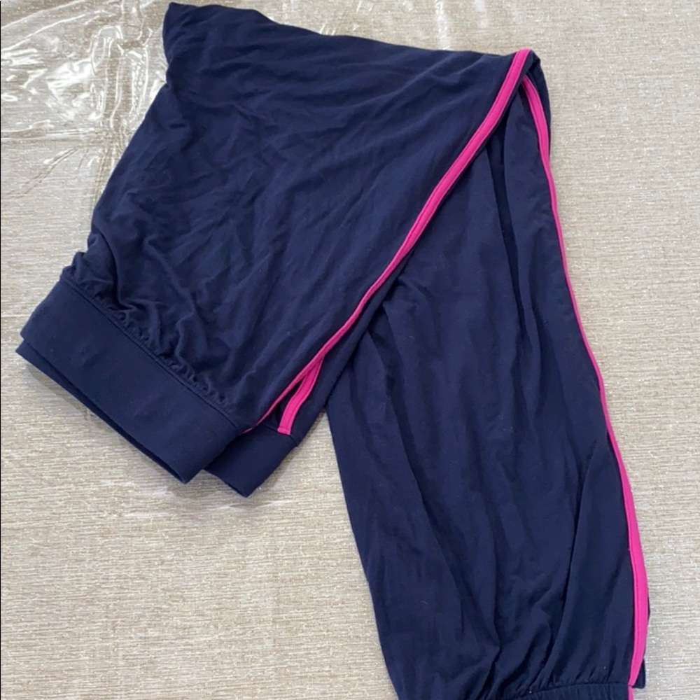 Navy lounge pants with pink stripe